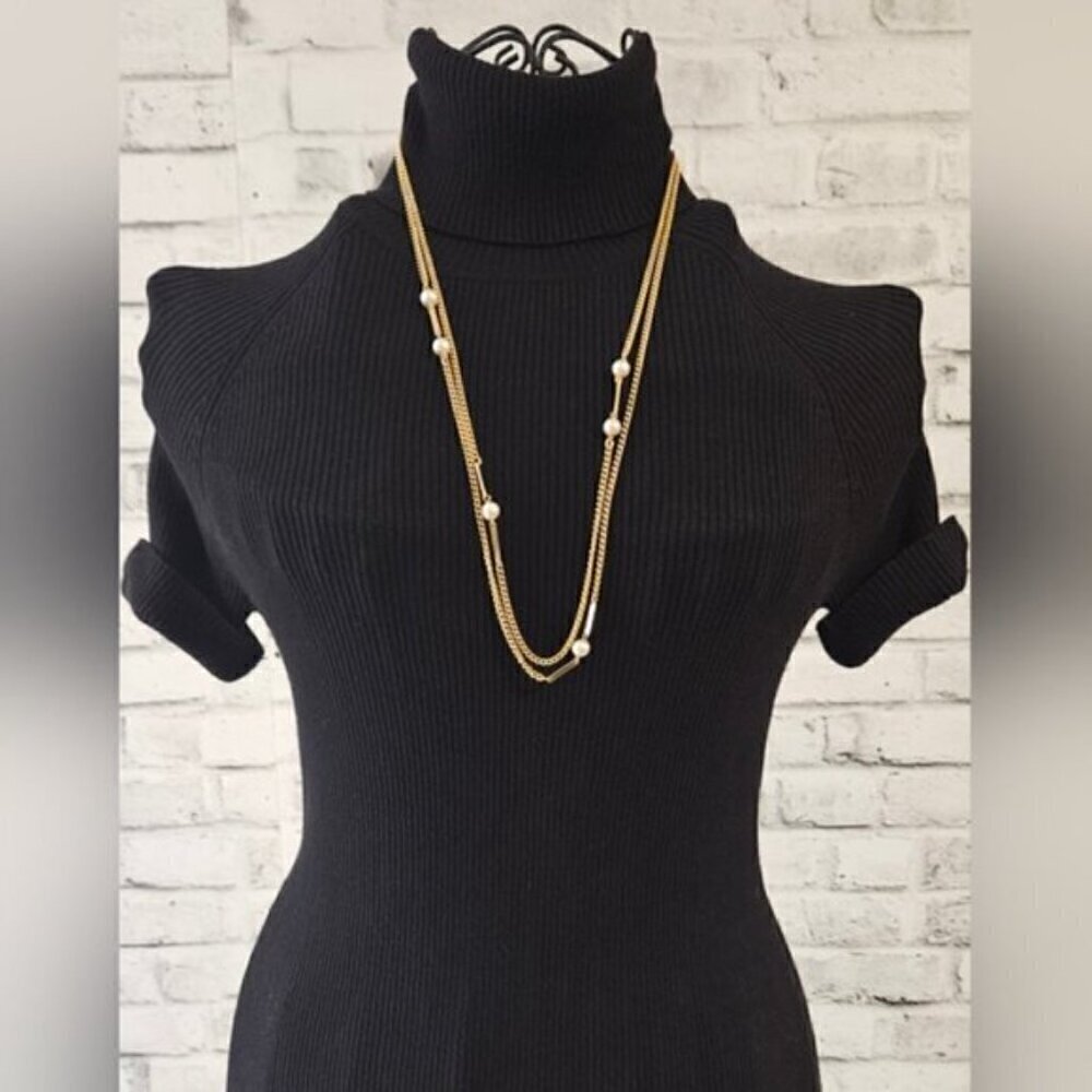 Vintage Gold Tone Faux Pearl Layering Necklace Convertible Long Strand